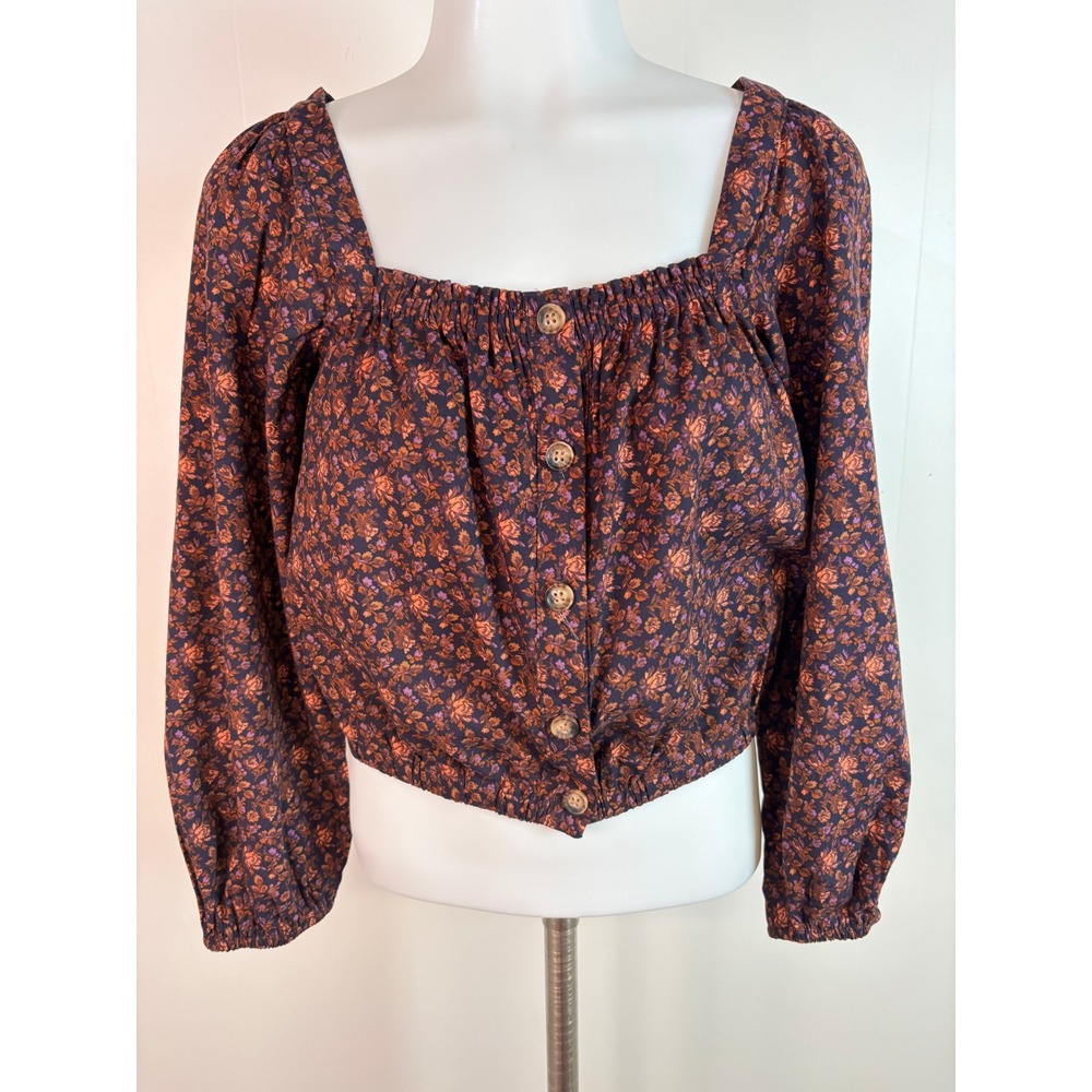 Madewell Top XS Dark Floral Long Sleeve Square Neck Button-Up Blouse Womens